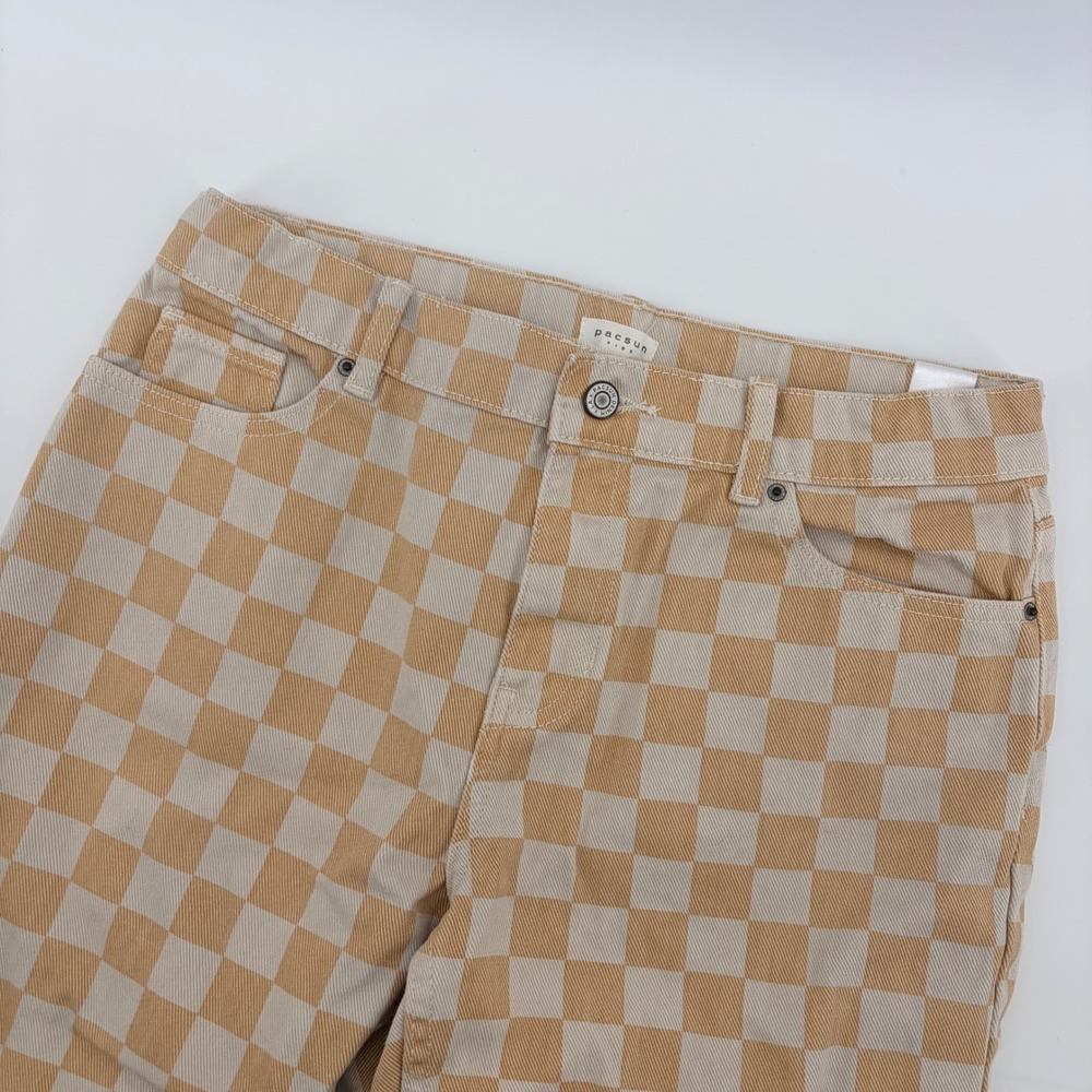 PacSun Kids Checkerboard Denim Pants Kids 14 Tan Cream Straight Leg Trousers